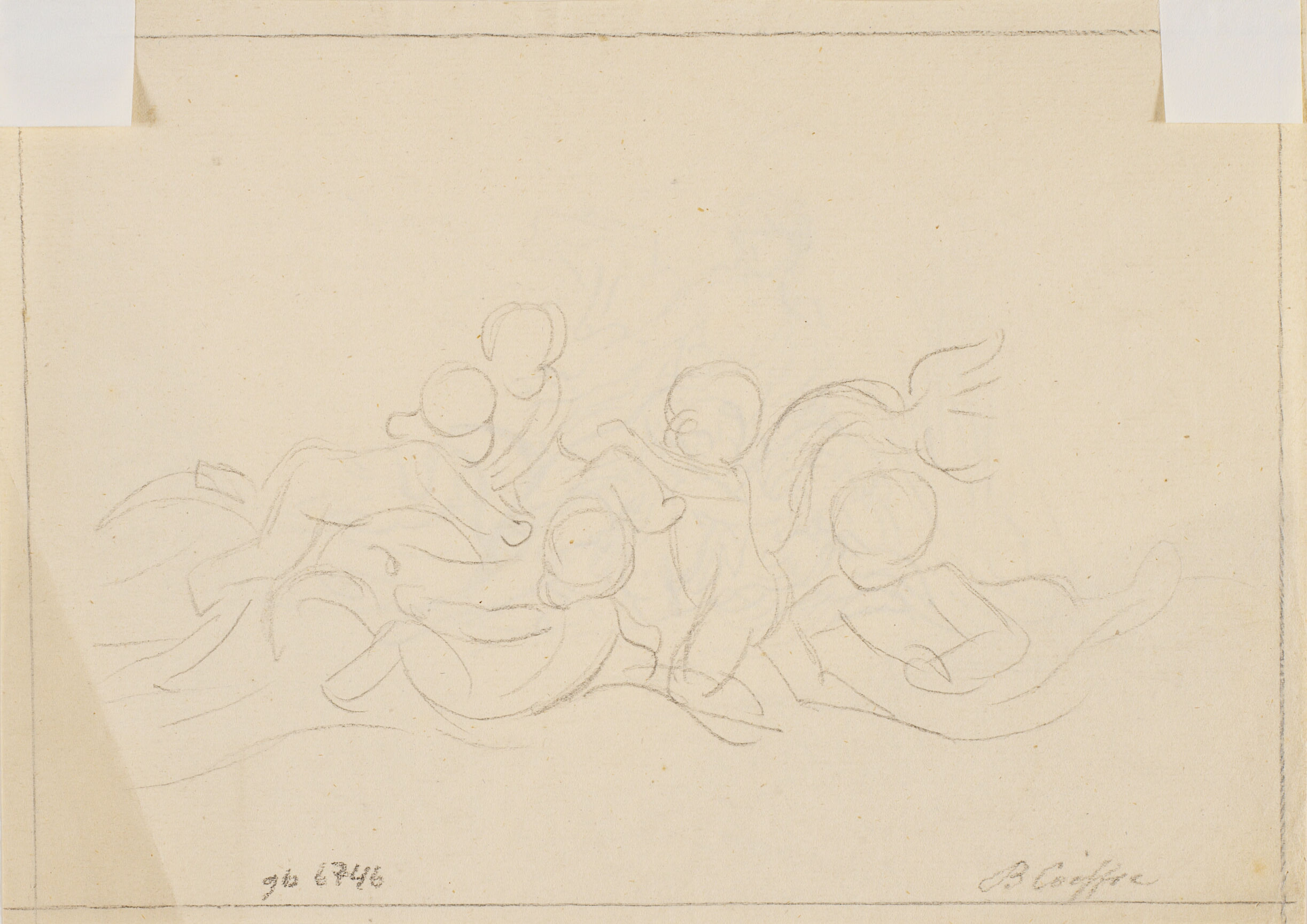 Kompositionsskitse med fem legende børn med delfiner